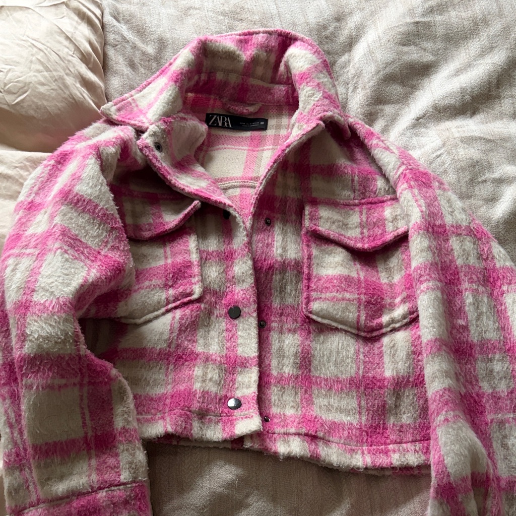 Zara Pink And Cream Cropped Checkered Jacket